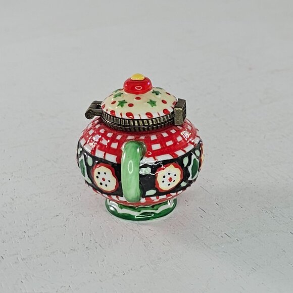 Mary Engelbreit Enesco Ceramic Teapot Trinket Box Red & Green Checkered Design - Picture 4 of 8